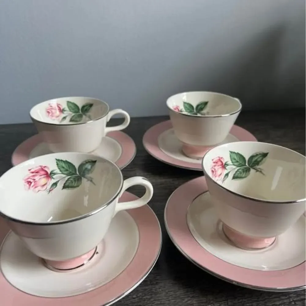Set of 4 Pink and White, Pink Rose Tea Cups and Saucers